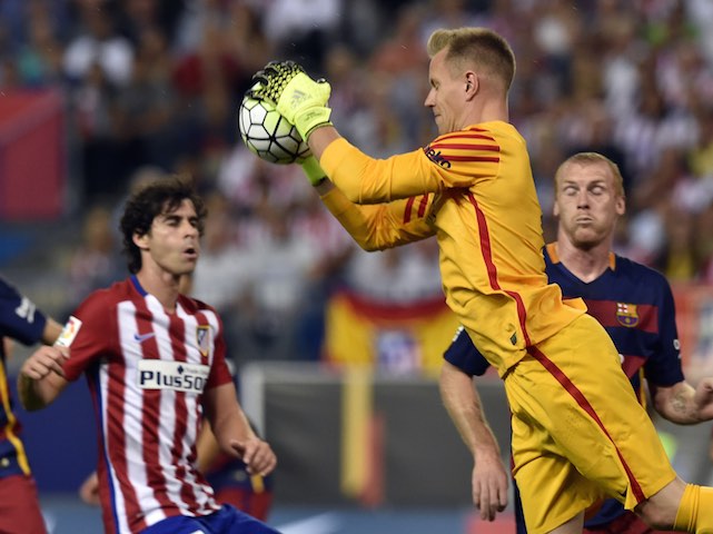 Barcelona's German goalkeeper Marc-Andre Ter Stegen catches the ball during the Spanish league football match Club Atletico de Madrid vs FC Barcelona at the Vicente Calderon stadium in Madrid on September 12, 2015.   AFP PHOTO/ GERARD JULIEN        (Photo credit should read GERARD JULIEN/AFP/Getty Images)